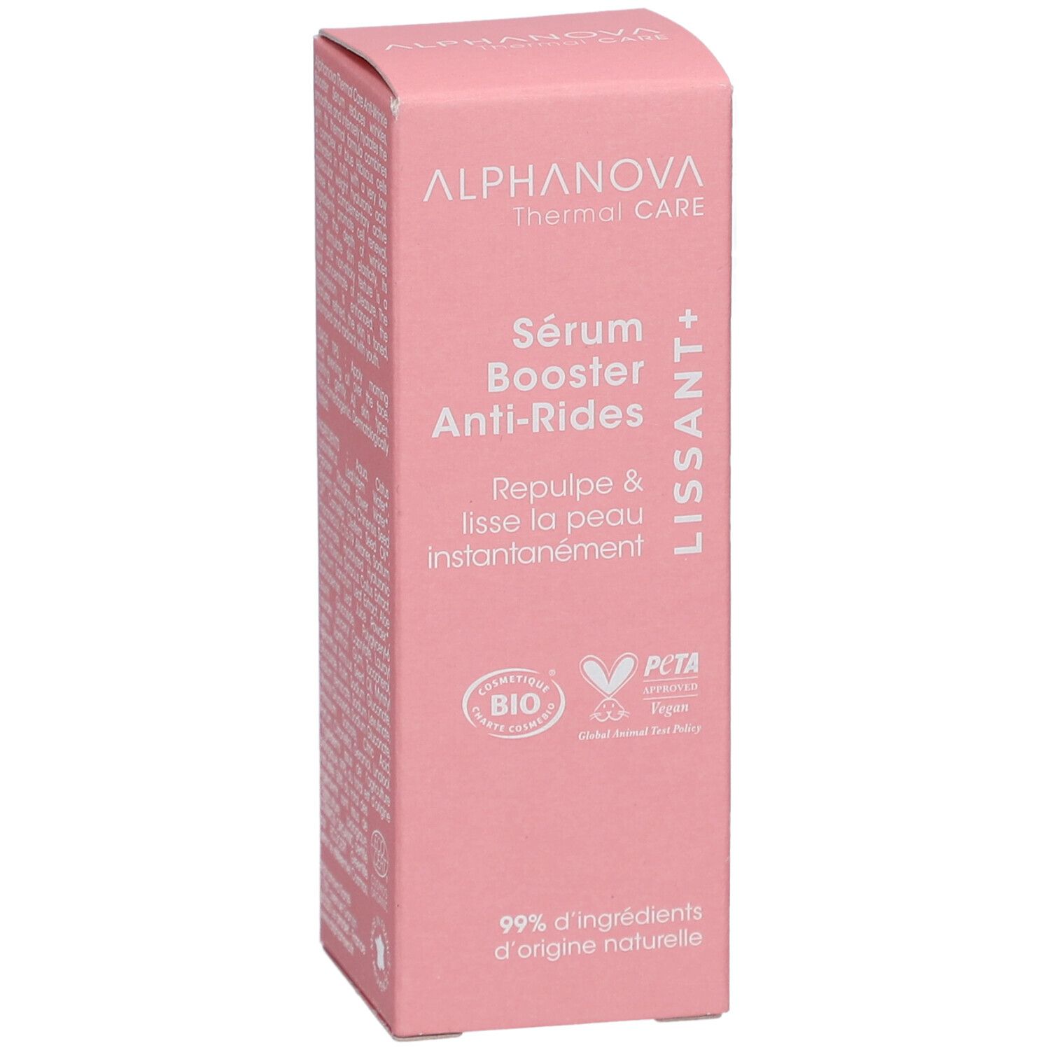 Boîte rose avec informations produit. Texte: ALPHANOVA Thermal Care, Sérum Booster Anti-Rides, certification BIO, logo PETA.