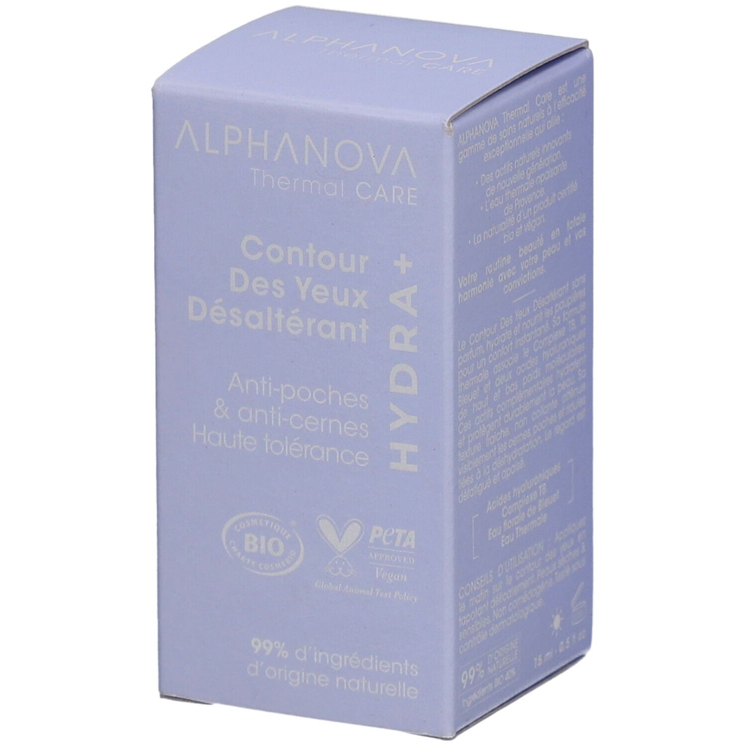 Boîte lilas clair avec informations produit. Inscription: ALPHANOVA Thermal Care, Contour des Yeux Désaltérant, Hydra+. Label Bio.