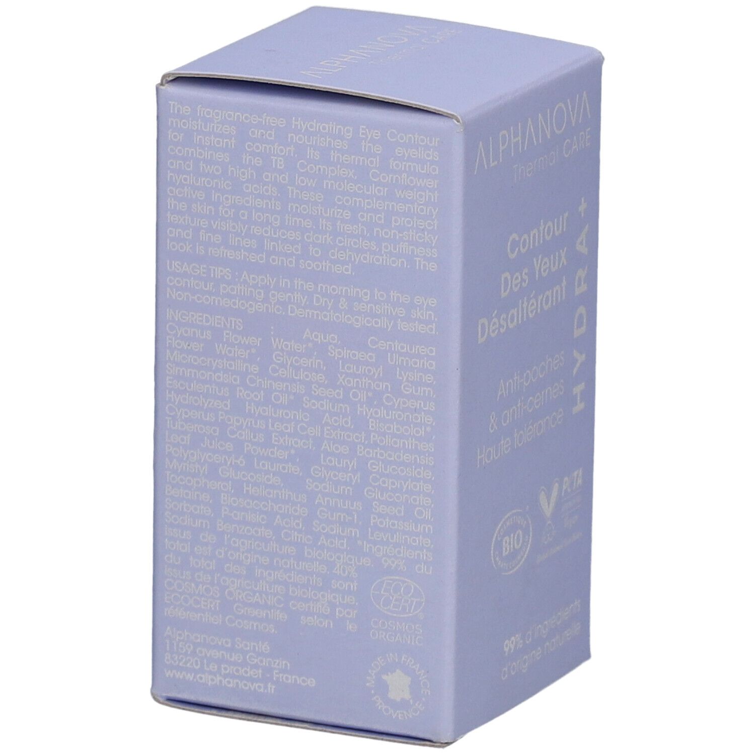 Boîte lilas clair avec informations produit. Inscription: ALPHANOVA Thermal Care, Contour des Yeux Désaltérant, Hydra+. Ingrédients.