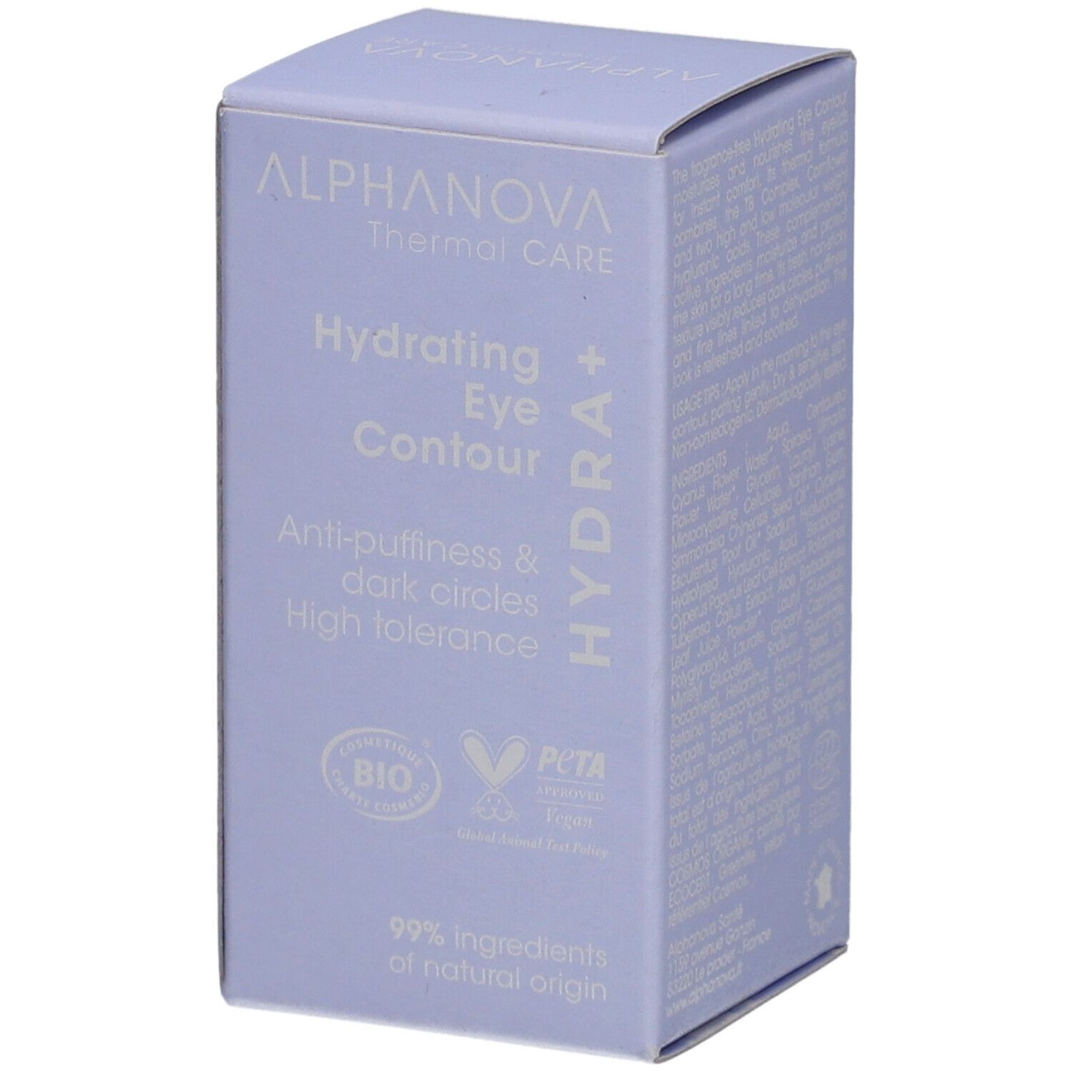 Boîte lilas clair avec informations produit. Inscription: ALPHANOVA Thermal Care, Hydrating Eye Contour, Hydra+. Label Bio.