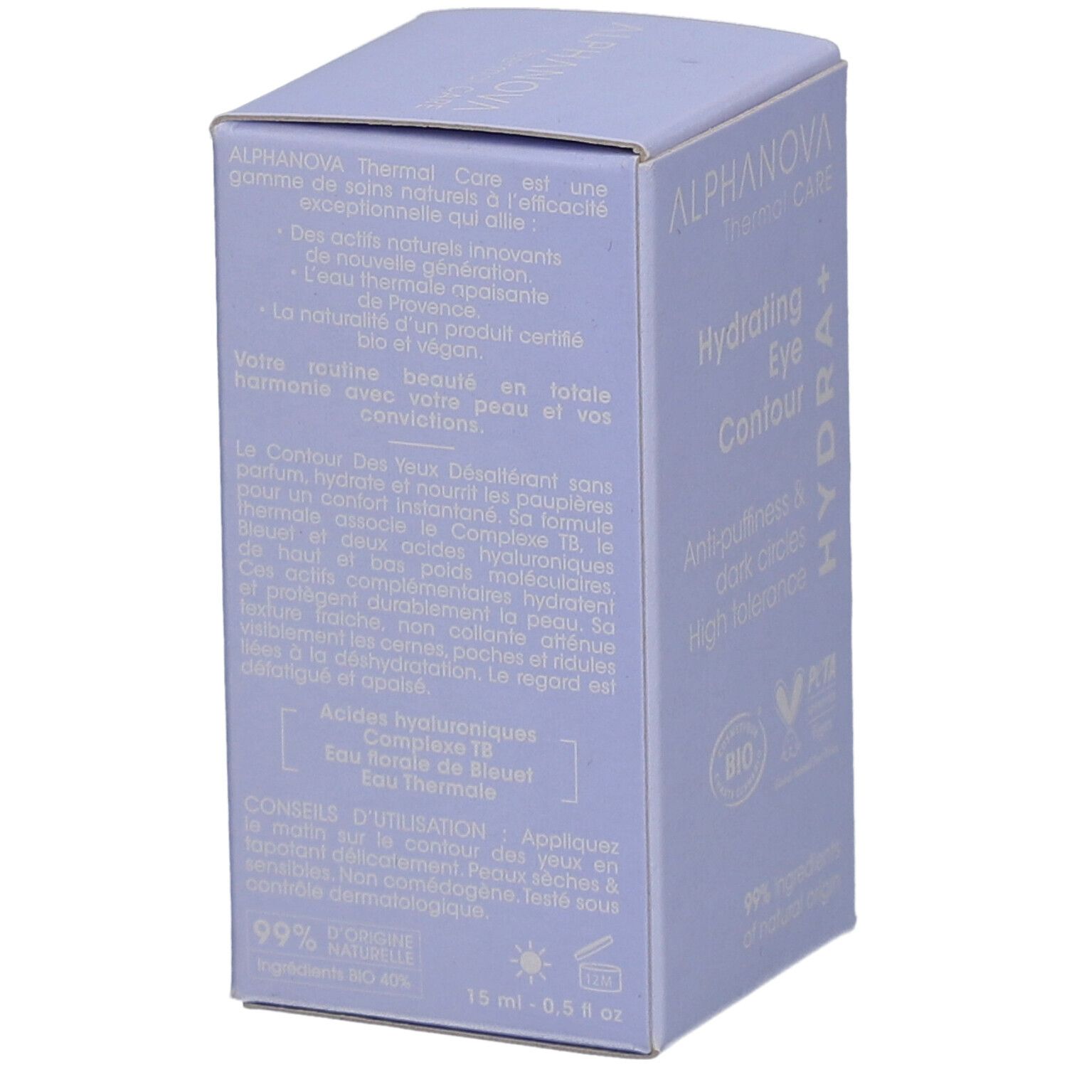 Boîte lilas clair avec informations produit. Inscription: ALPHANOVA Thermal Care, Hydrating Eye Contour, Hydra+. 99% ingrédients naturels.