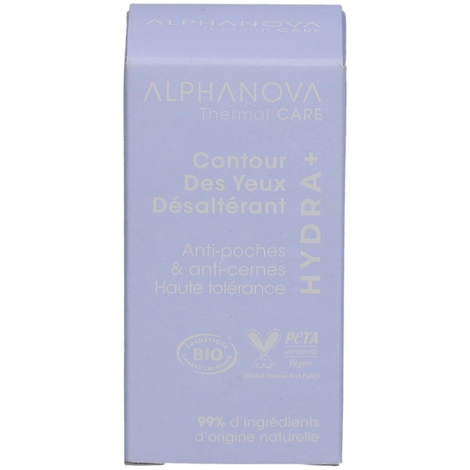 Boîte lilas clair avec informations produit. Inscription: ALPHANOVA Thermal Care, Contour des Yeux Désaltérant, Hydra+. Label Bio.
