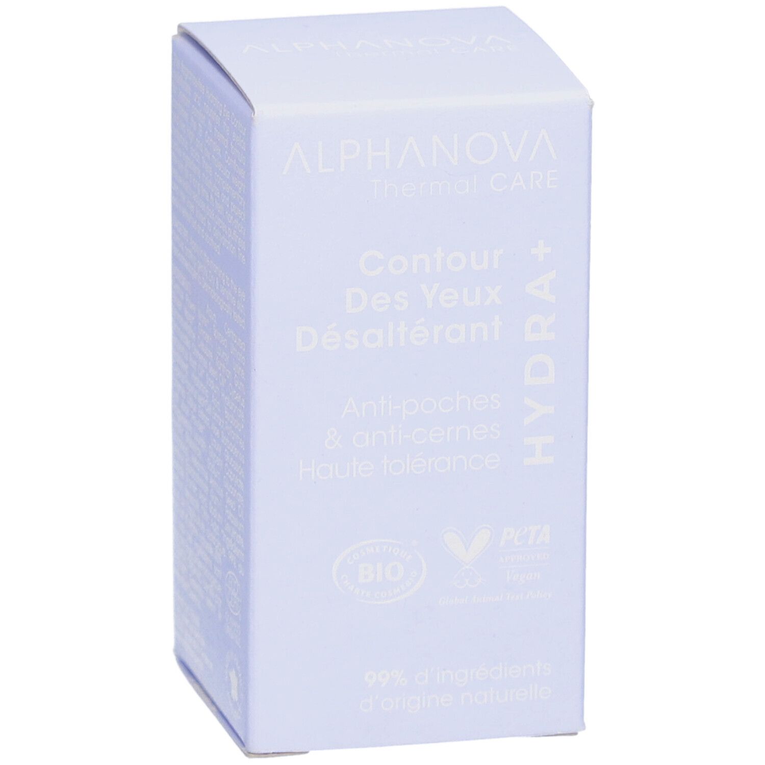 Boîte lilas clair avec informations produit. Inscription: ALPHANOVA Thermal Care, Contour des Yeux Désaltérant, Hydra+. Label Bio.