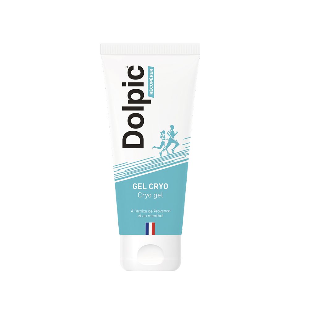 Weiß-blaue Tube mit Produktaufdruck. Aufschrift "Dolpic" und "Gel Cryo". Französische Flagge am unteren Ende.