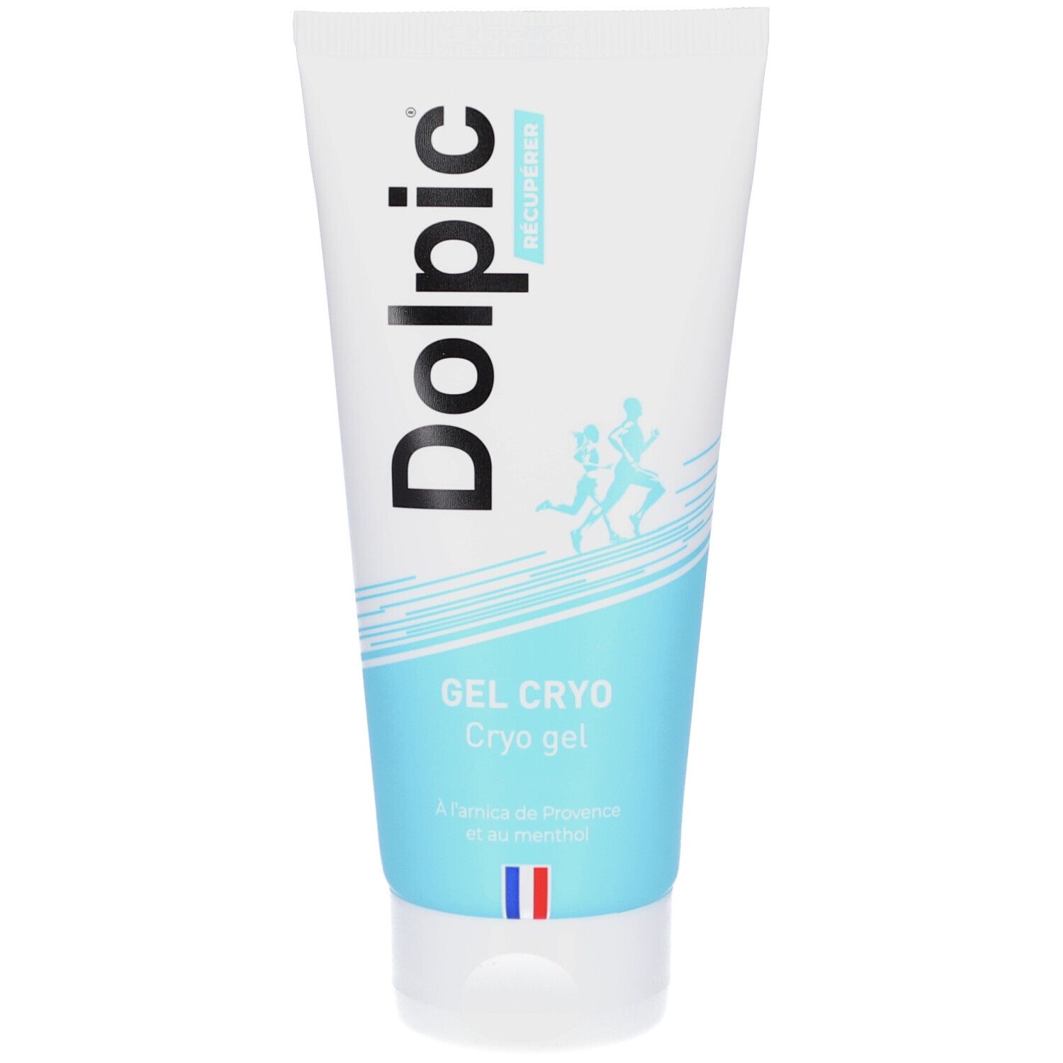 Tube blanc et bleu. Inscription "Dolpic" et "GEL CRYO". Illustration de deux coureurs. Drapeau français.