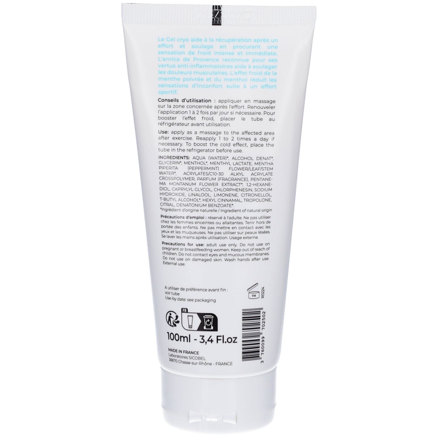 Dos d'un tube blanc. Texte en français et en anglais. Ingrédients et instructions d'utilisation.