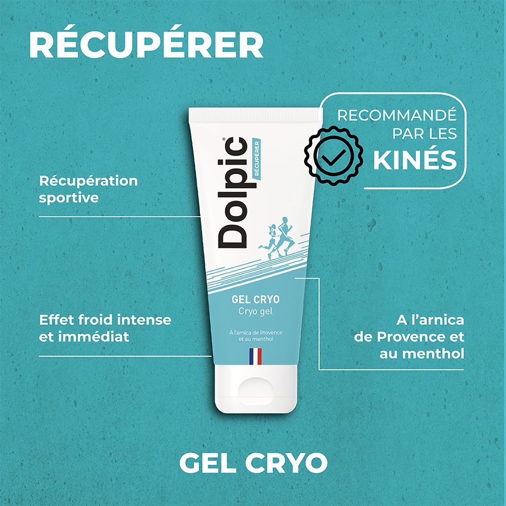 Produkt-Tube mit Text und Grafiken. Text: "Récupérer", "Gel Cryo". Logo "Recommandé par les kinés".