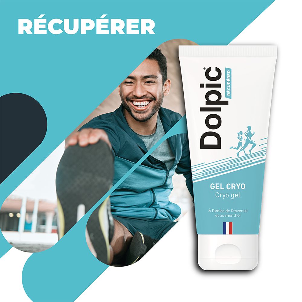 Mann dehnt sich, neben Produkt-Tube. Text: "Récupérer", "Gel Cryo".