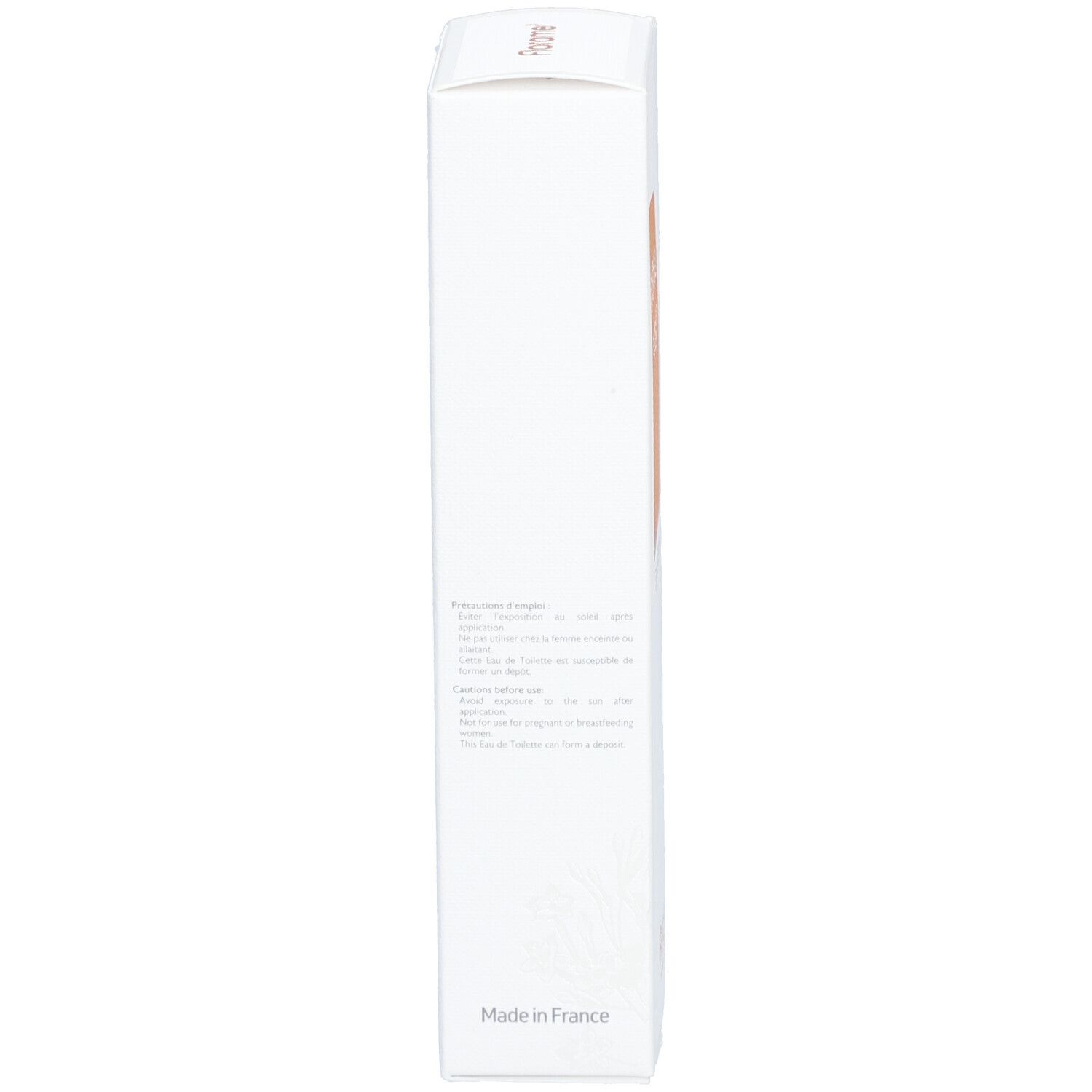 Emballage blanc, vue latérale. Texte : Made in France. Peu de texte.