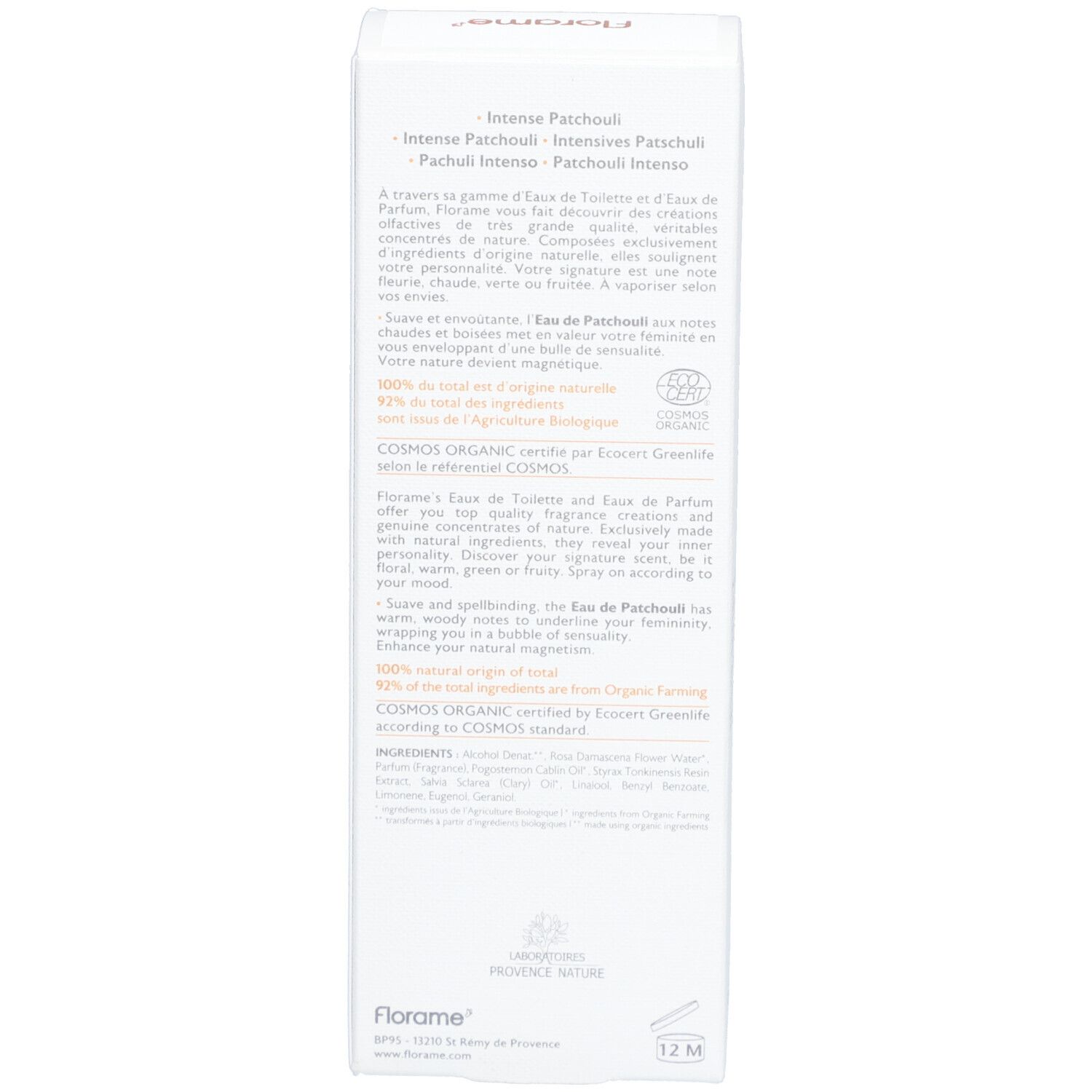 Emballage blanc avec texte. Description du produit, ingrédients, certification.