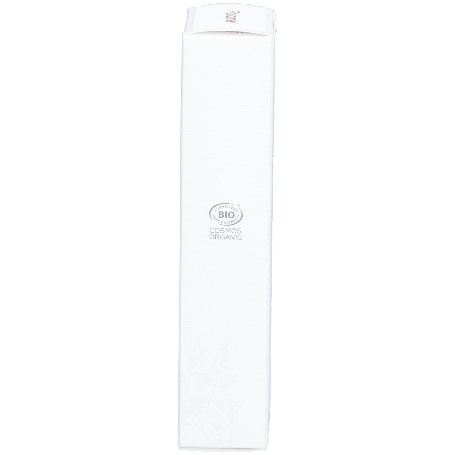 Emballage blanc, vue détaillée. Logo : Bio, Cosmos Organic.