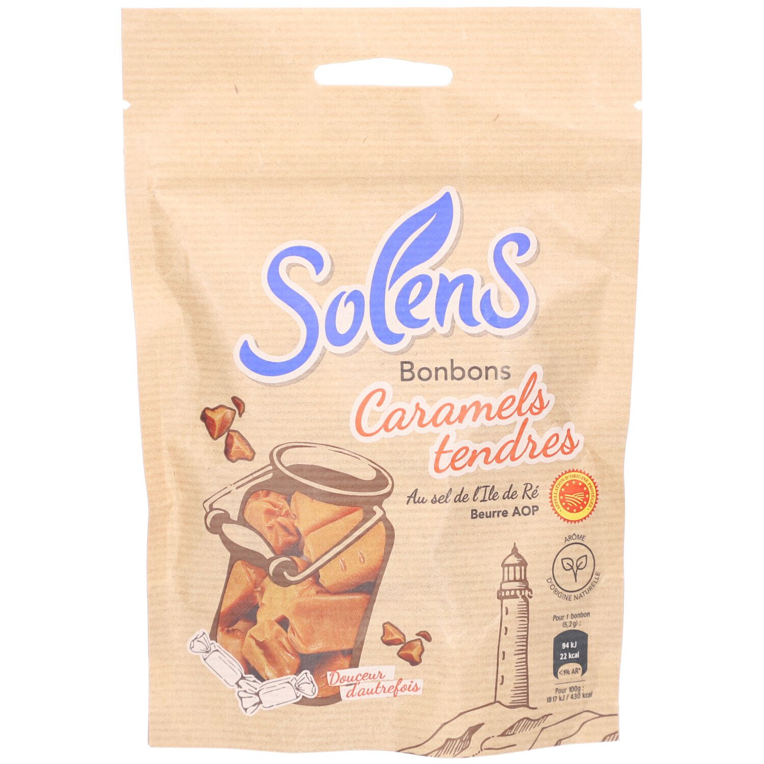 Sachet de bonbons SOLENS. Inscription: Caramels tendres. Illustration de bonbons au caramel. Labels: AOP, logo bio.