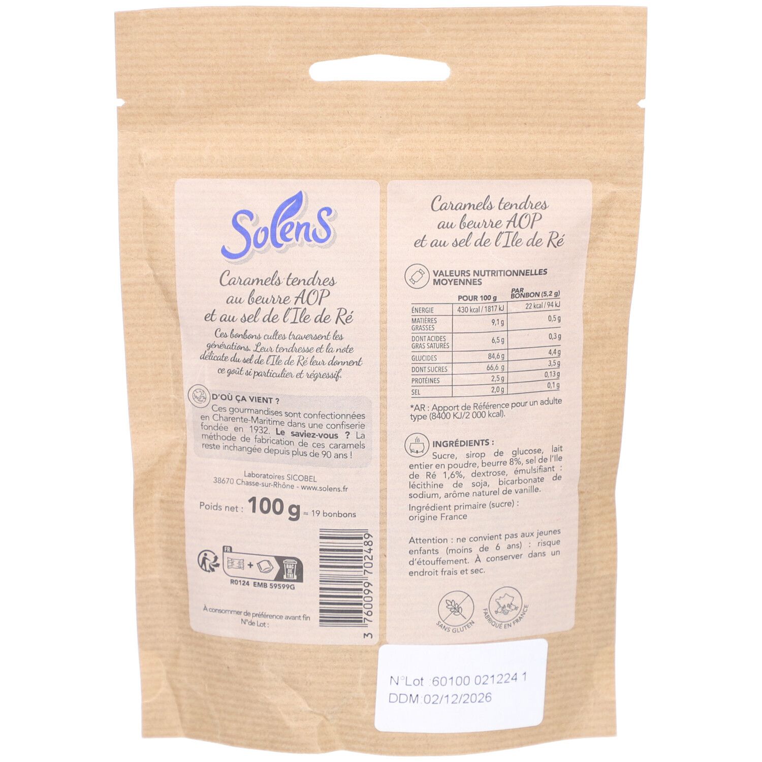 Dos du sachet SOLENS. Texte: Caramels tendres au beurre AOP et au sel de l'Île de Ré. Informations nutritionnelles, liste des ingrédients, numéro de lot.