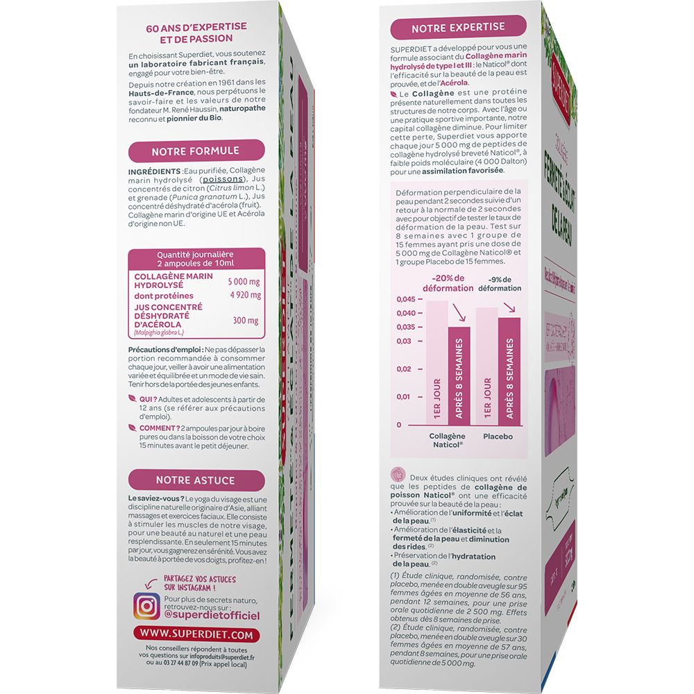 Rückseite der Superdiet Kollagen-Verpackung. Enthält Informationen zu Inhaltsstoffen, Dosierung und Nährwerten. Text auf Französisch.