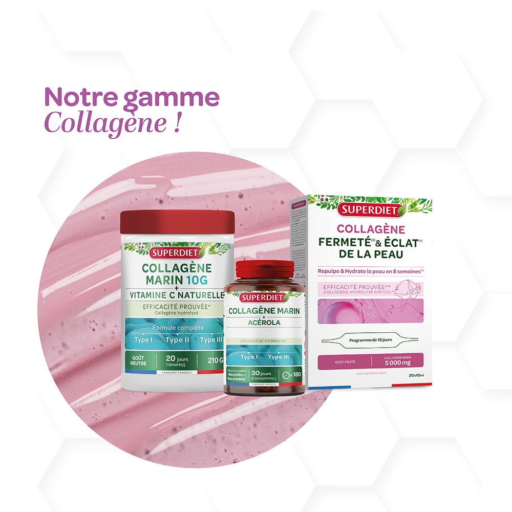 Verschiedene Superdiet Kollagen-Produkte. Eine Dose Kollagen Marin 10G und eine Dose Kollagen Marin Acerola.