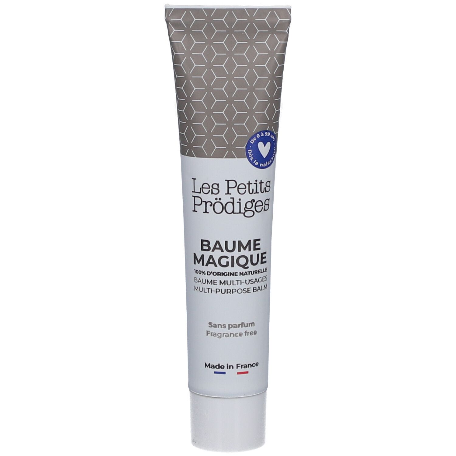 Tube mit Produktnamen und Text. Grauer Deckel, weißer Körper mit Schriftzug. Blaue Herz-Marke.