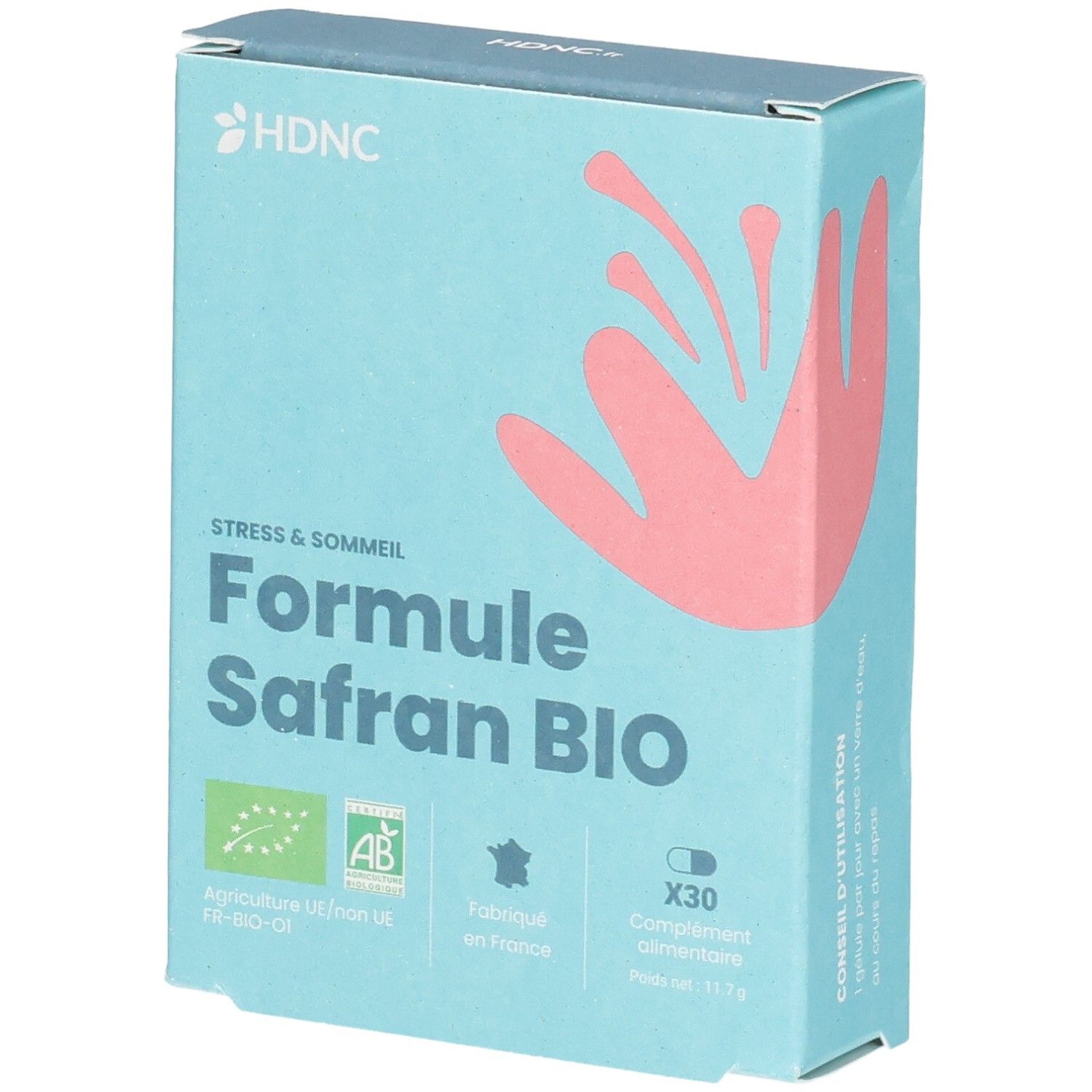 Boîte de complément alimentaire HDNC Formule Safran BIO, 30 gélules.