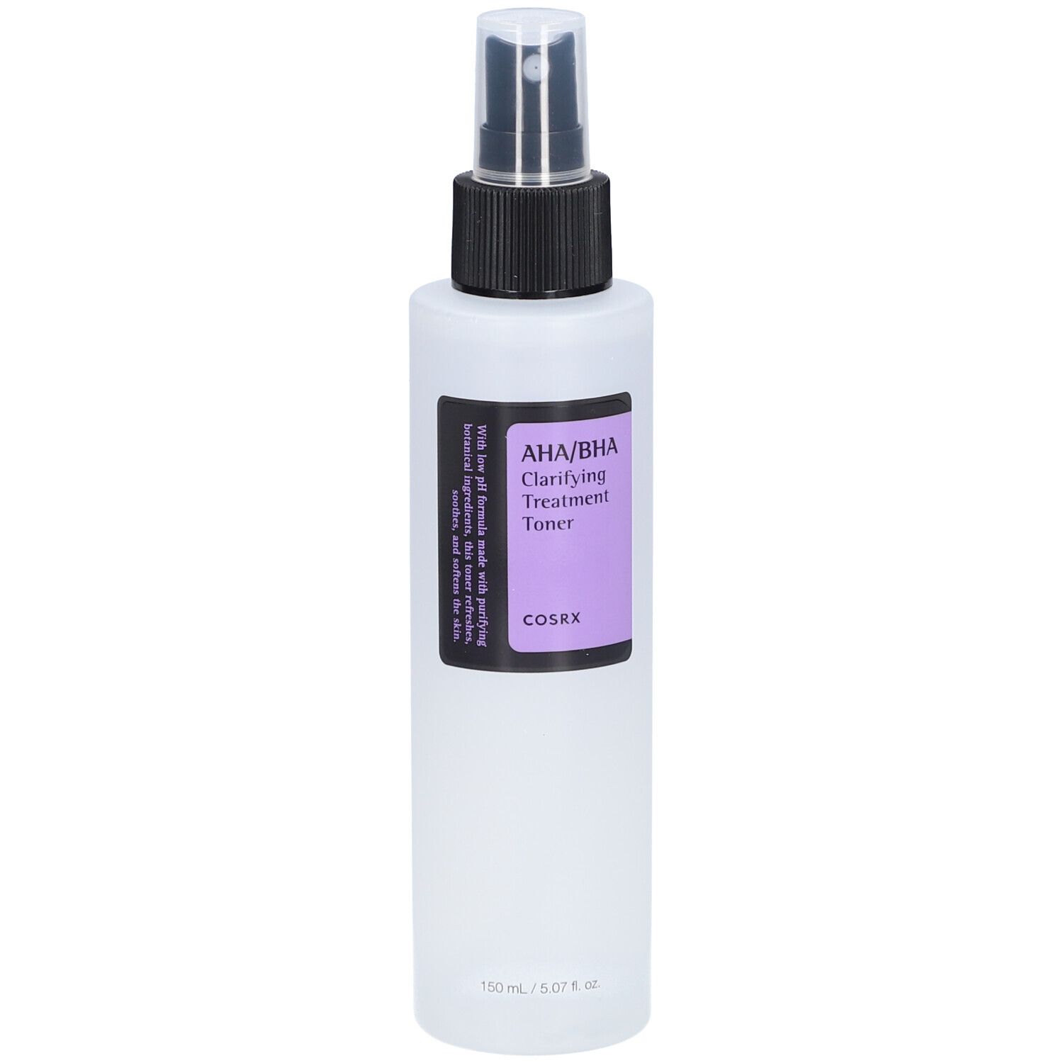 Flacon blanc avec vaporisateur noir. Étiquette avec texte : AHA/BHA Clarifying Treatment Toner. Marque COSRX.