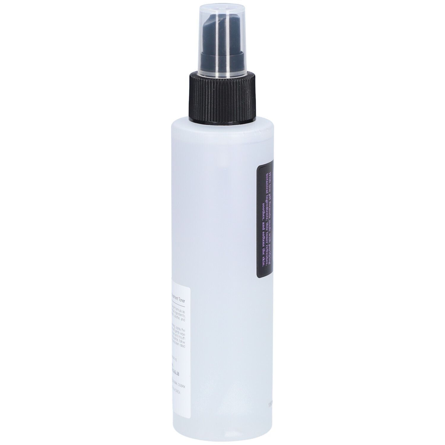 Flacon blanc avec vaporisateur noir. Étiquette avec texte. Marque COSRX. Flacon debout.