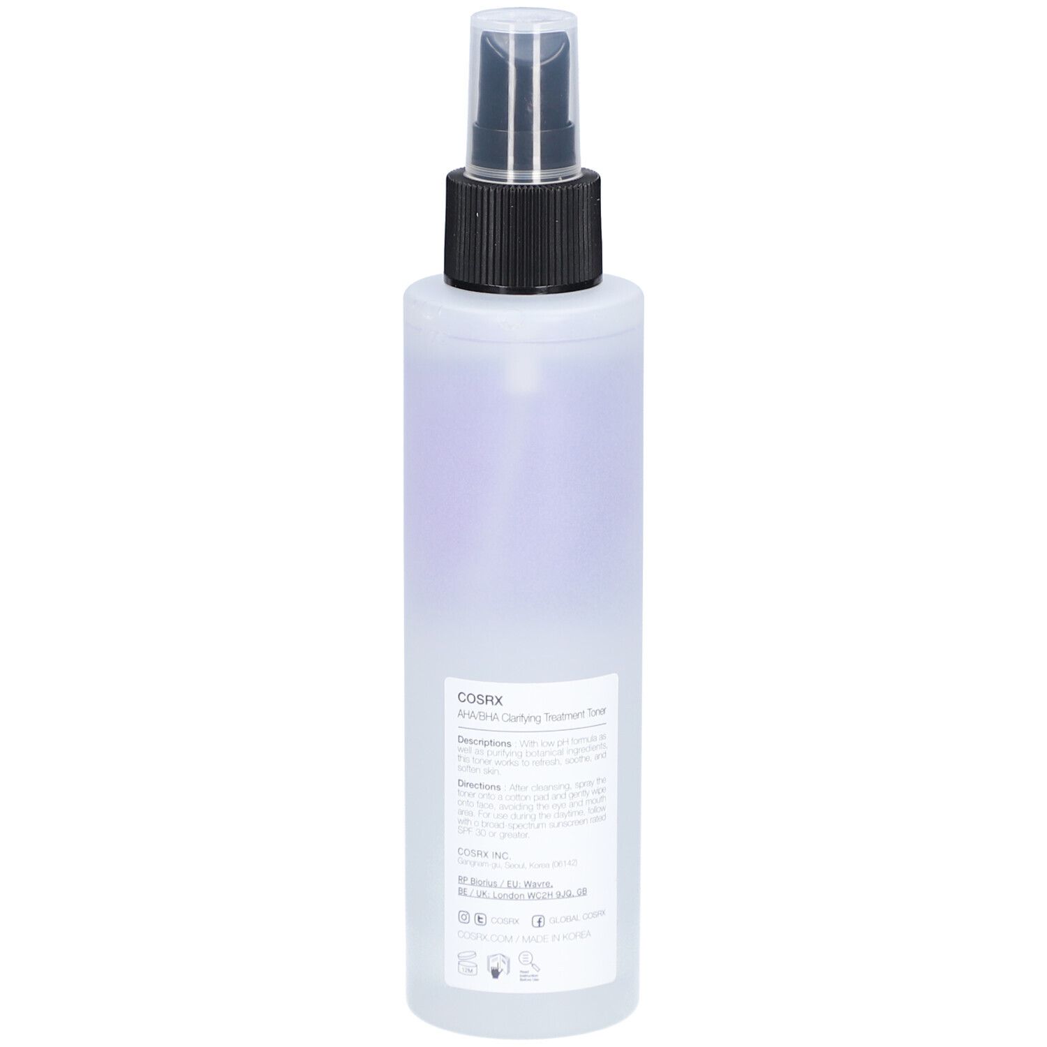 Flacon blanc avec vaporisateur noir. Étiquette avec texte. Marque COSRX. Vue arrière.
