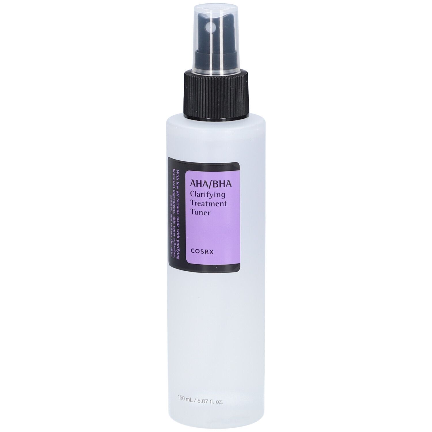 Flacon blanc avec vaporisateur noir. Étiquette avec texte : AHA/BHA Clarifying Treatment Toner. Marque COSRX.