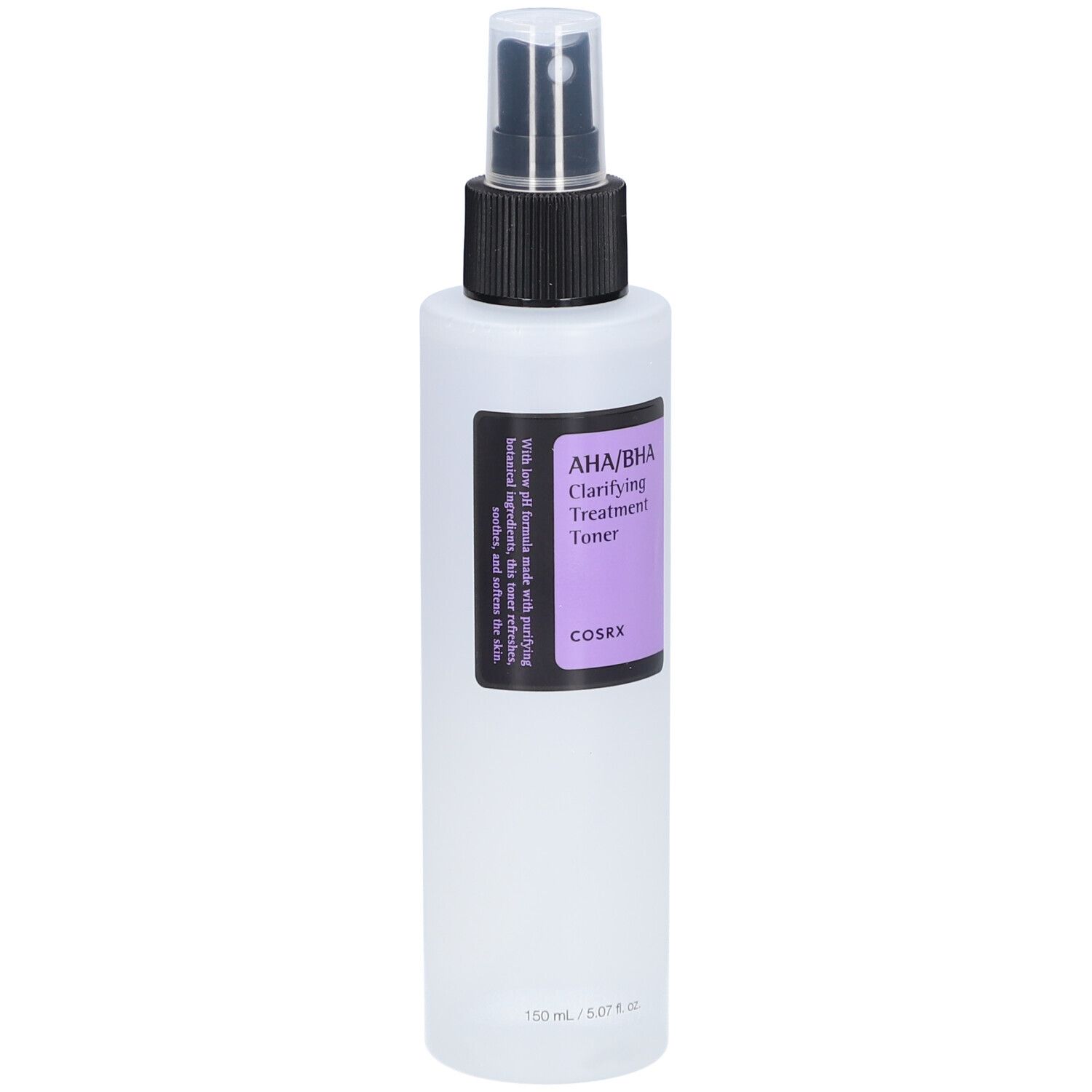 Flacon blanc avec vaporisateur noir. Étiquette avec texte : AHA/BHA Clarifying Treatment Toner. Marque COSRX.
