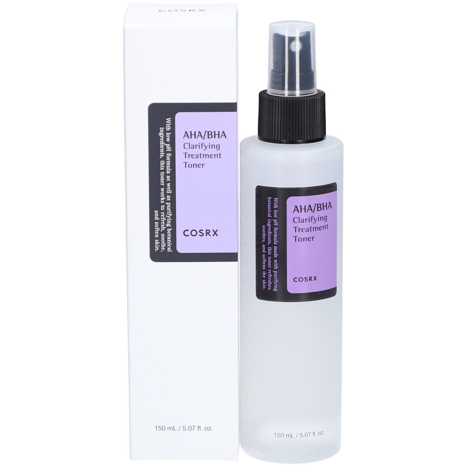 Flacon blanc et emballage. Texte : AHA/BHA Clarifying Treatment Toner. Marque COSRX. Flacon et boîte.