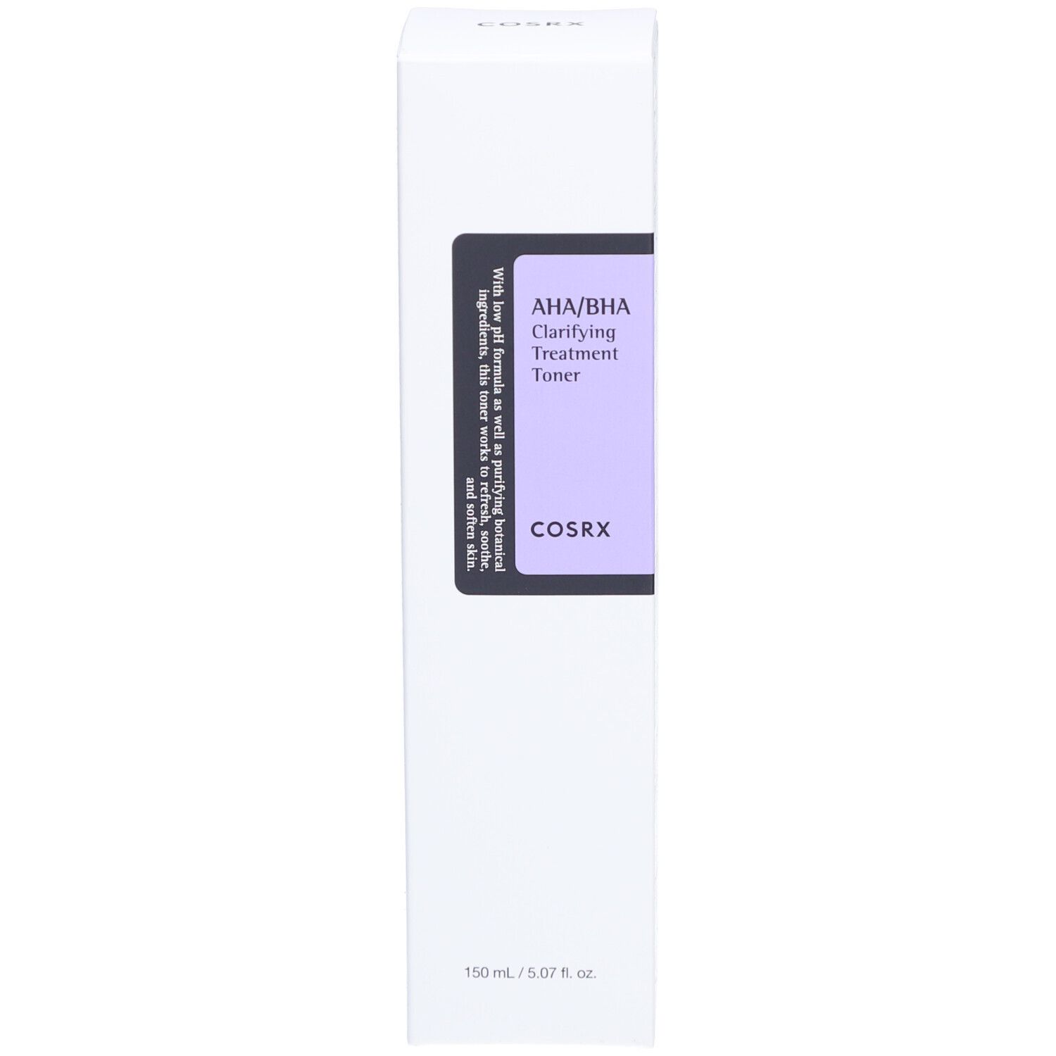 Emballage blanc. Texte : AHA/BHA Clarifying Treatment Toner. Marque COSRX. Flacon et boîte.