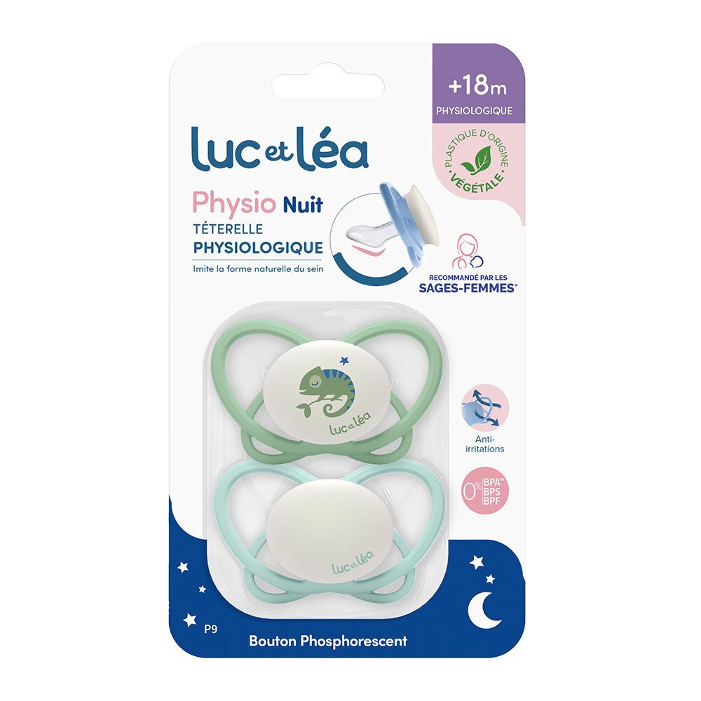 Deux sucettes Luc et Léa Physio Nuit, vert et bleu, dans un emballage. +18m. Bouton phosphorescent. Recommandé par les sages-femmes.