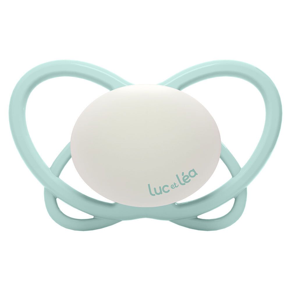 Sucette bleue Luc et Léa. Forme physiologique. Tétine blanche. Anneau en forme de cœur.
