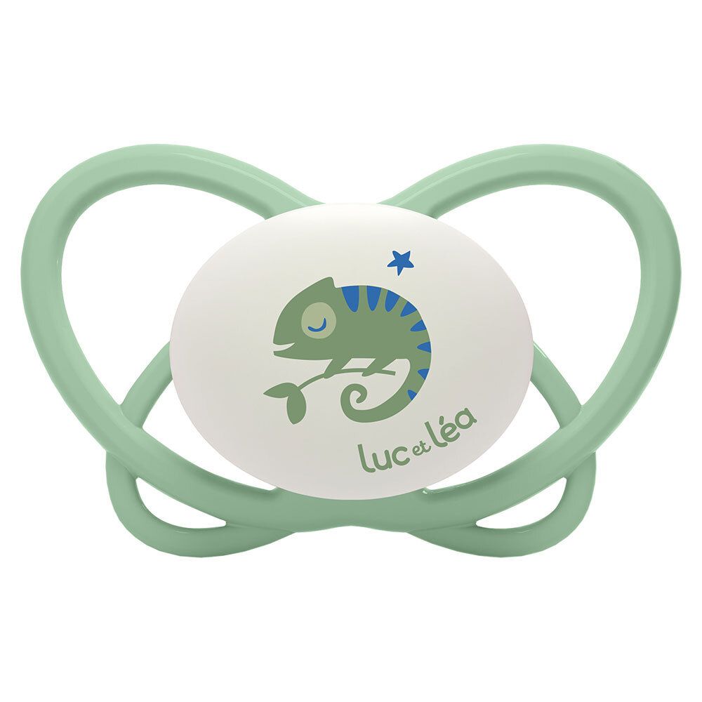 Sucette verte Luc et Léa. Motif caméléon. Forme physiologique. Anneau en forme de cœur.