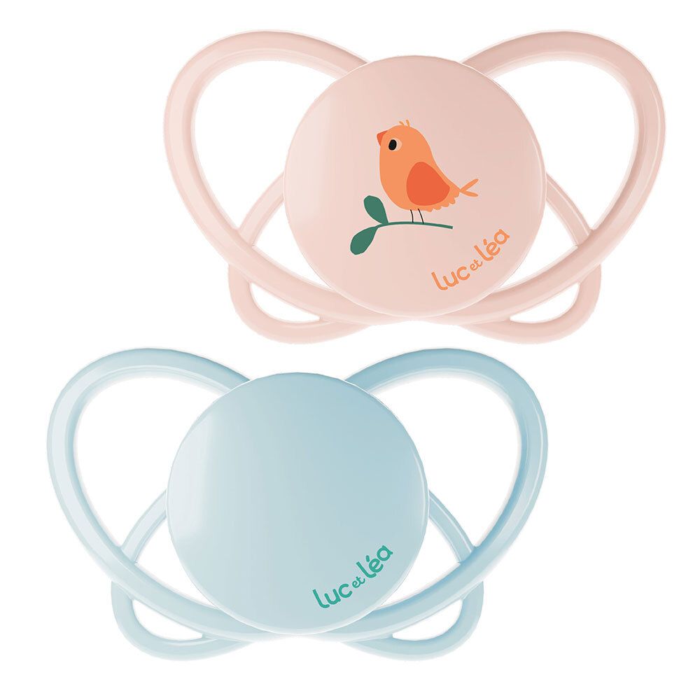 Zwei Schnuller. Rosa und blau. Aufdruck: Vogel. Marke: Luc et Léa. Physiologische Form.