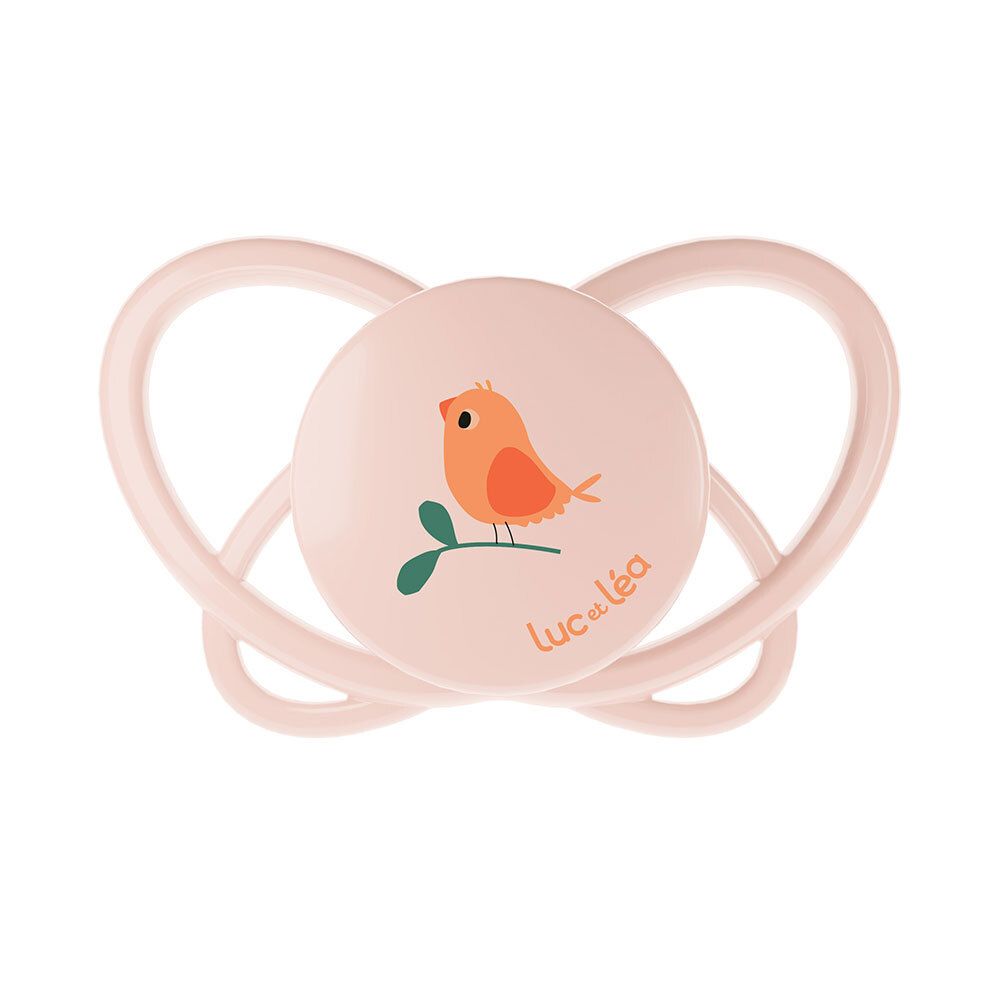 Rosa Schnuller. Aufdruck: Vogel. Marke: Luc et Léa. Physiologische Form.