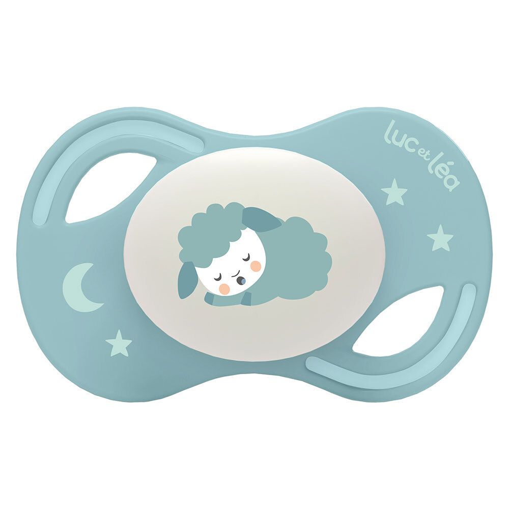 Sucette bleue Luc et Léa, anatomique, motif mouton. Extra-fine.