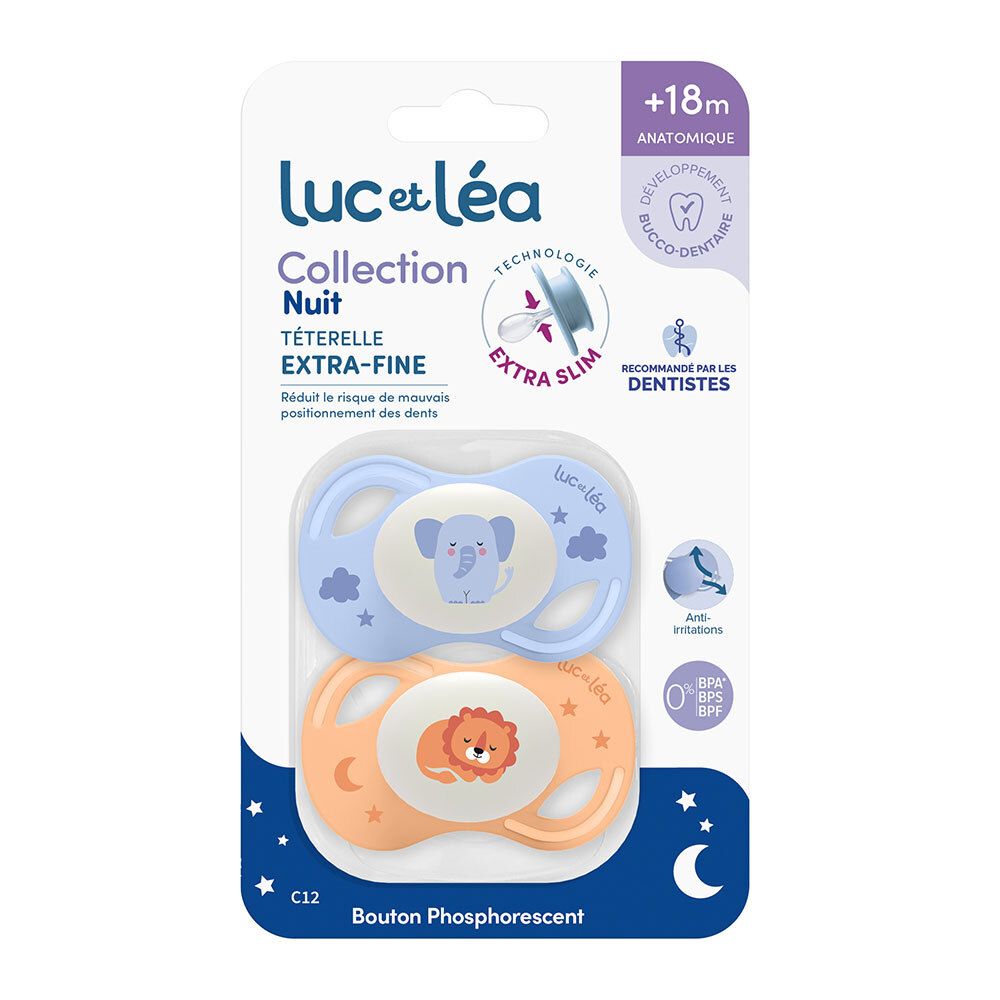 Zwei Schnuller in Verpackung. Blau und orangefarben, mit Tierdesigns. Marke: Luc et Léa. Extra-fein, anatomisch, für +18 Monate.