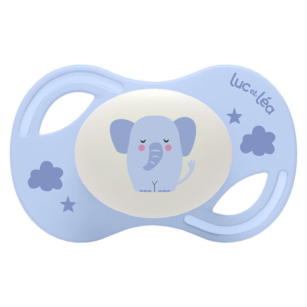 Blauer Schnuller mit Elefanten-Design. Marke Luc et Léa. Anatomisch, extra-fein. Sterne und Wolken.