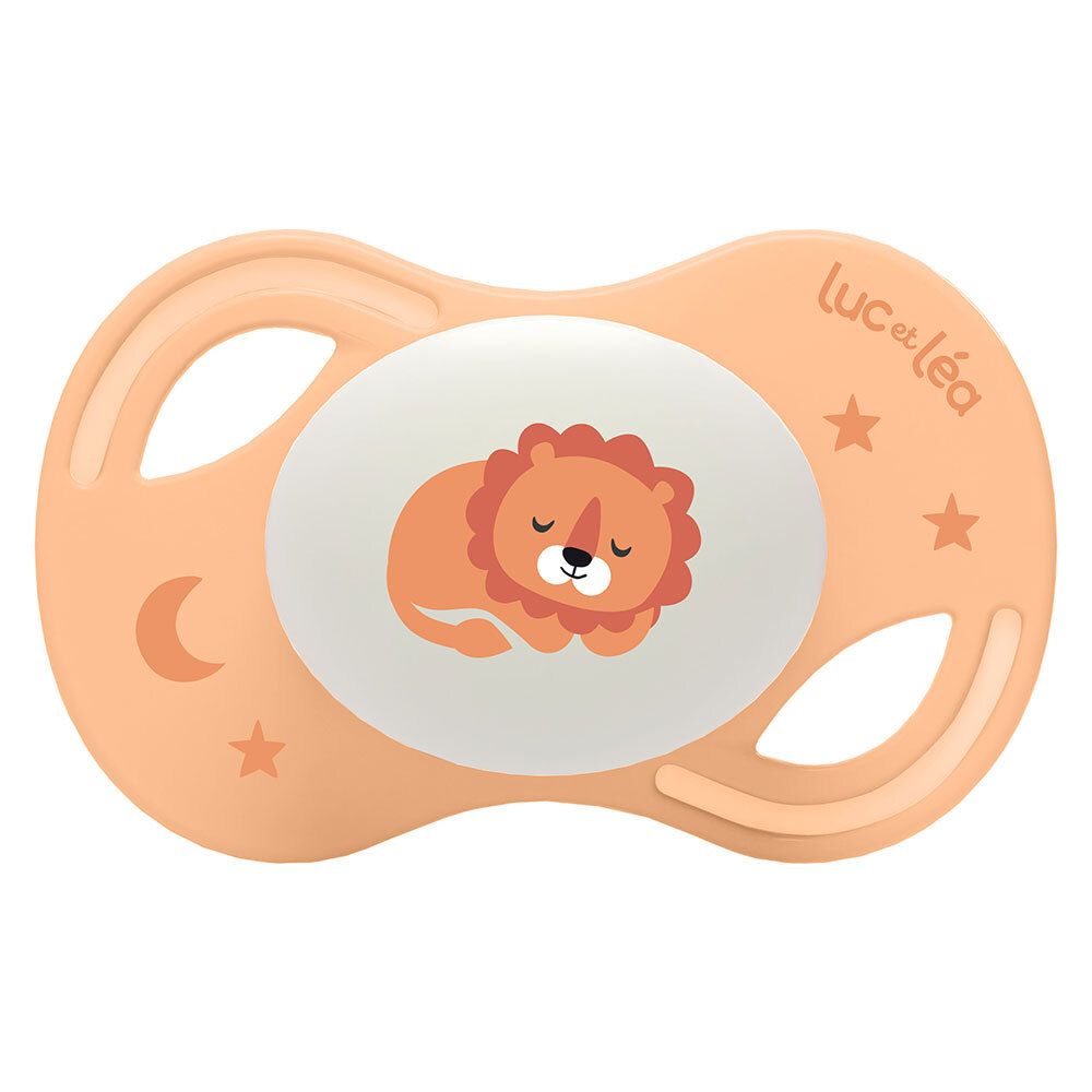 Oranger Schnuller mit Löwen-Design. Marke Luc et Léa. Anatomisch, extra-fein. Sterne und Mond.