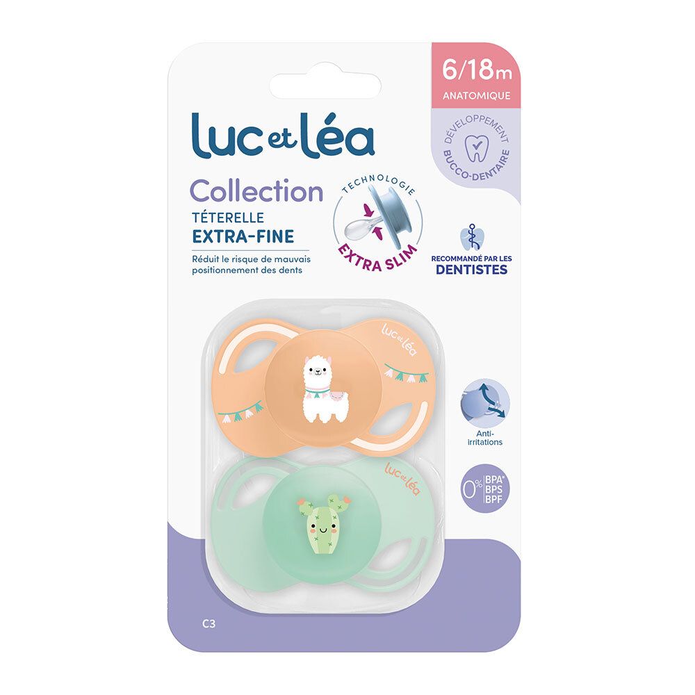 Zwei anatomische Schnuller in Verpackung. Marke: Luc et Léa. Extra-fein, 6/18m. Ein Schnuller mit Lama, einer mit Kaktus-Motiv.