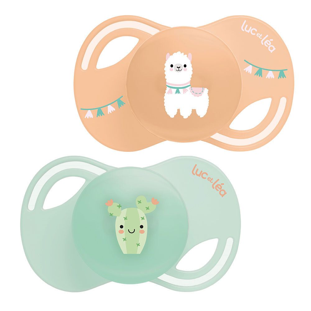 Zwei anatomische Schnuller. Marke: Luc et Léa. Ein Schnuller mit Lama, einer mit Kaktus-Motiv. Extra-fein.
