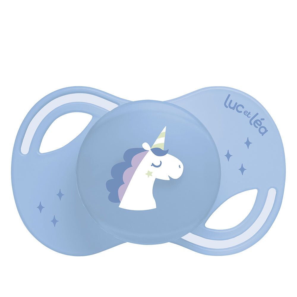 Blauer Schnuller mit Einhorn-Motiv. Marke Luc et Léa. Anatomische Form. Sterne als Dekoration.
