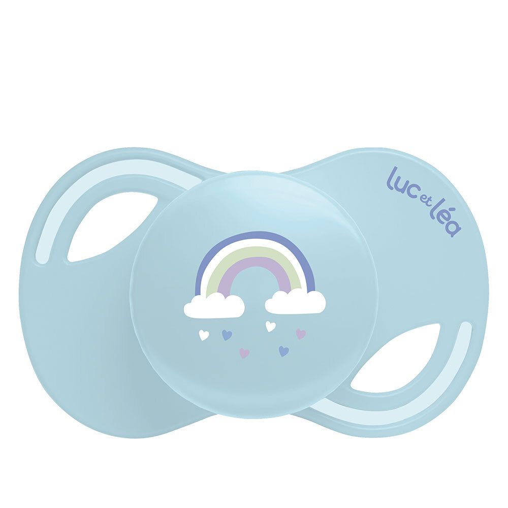 Blauer Schnuller mit Regenbogen-Motiv. Marke Luc et Léa. Anatomische Form.