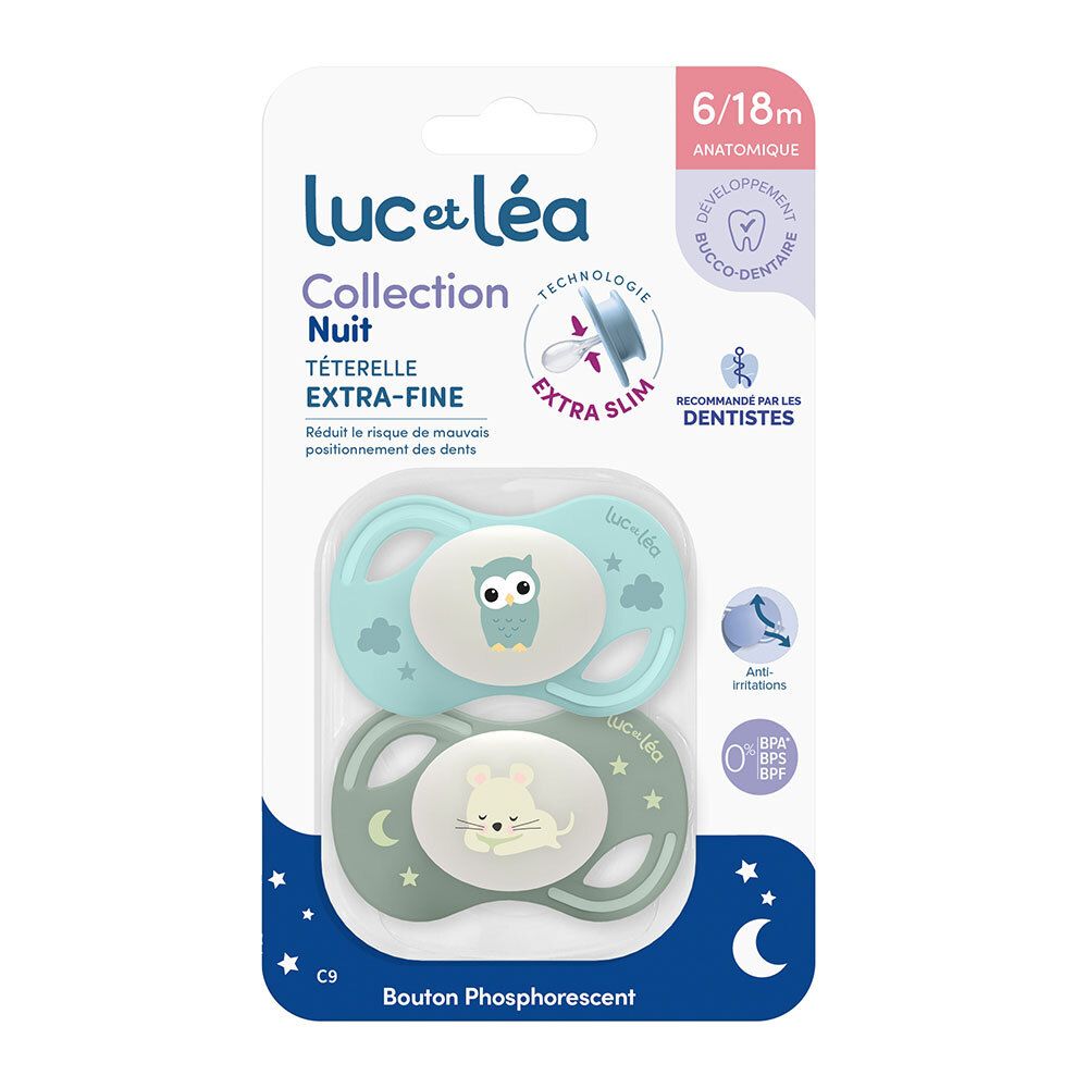Deux sucettes anatomiques de nuit Luc et Léa, 6/18m, extra-fines, avec motifs hibou et souris, dans un emballage.
