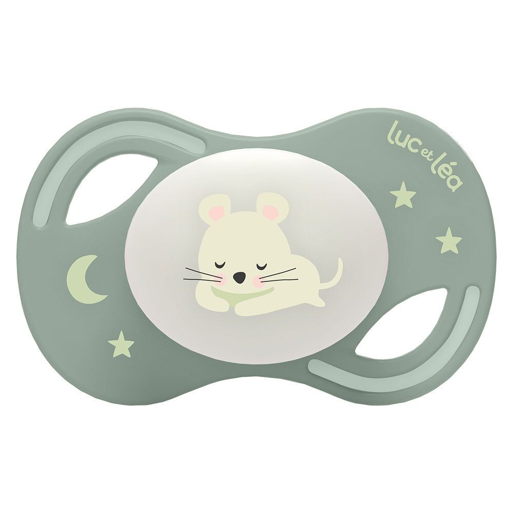 Sucette anatomique de nuit verte avec souris. Marque Luc et Léa. Extra-fine. Avec lune et étoiles.