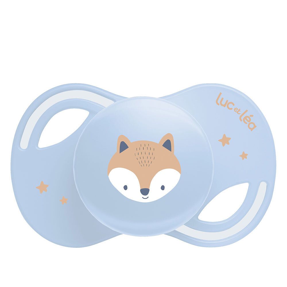 Sucette anatomique bleue avec un renard. Marque : Luc et Léa.