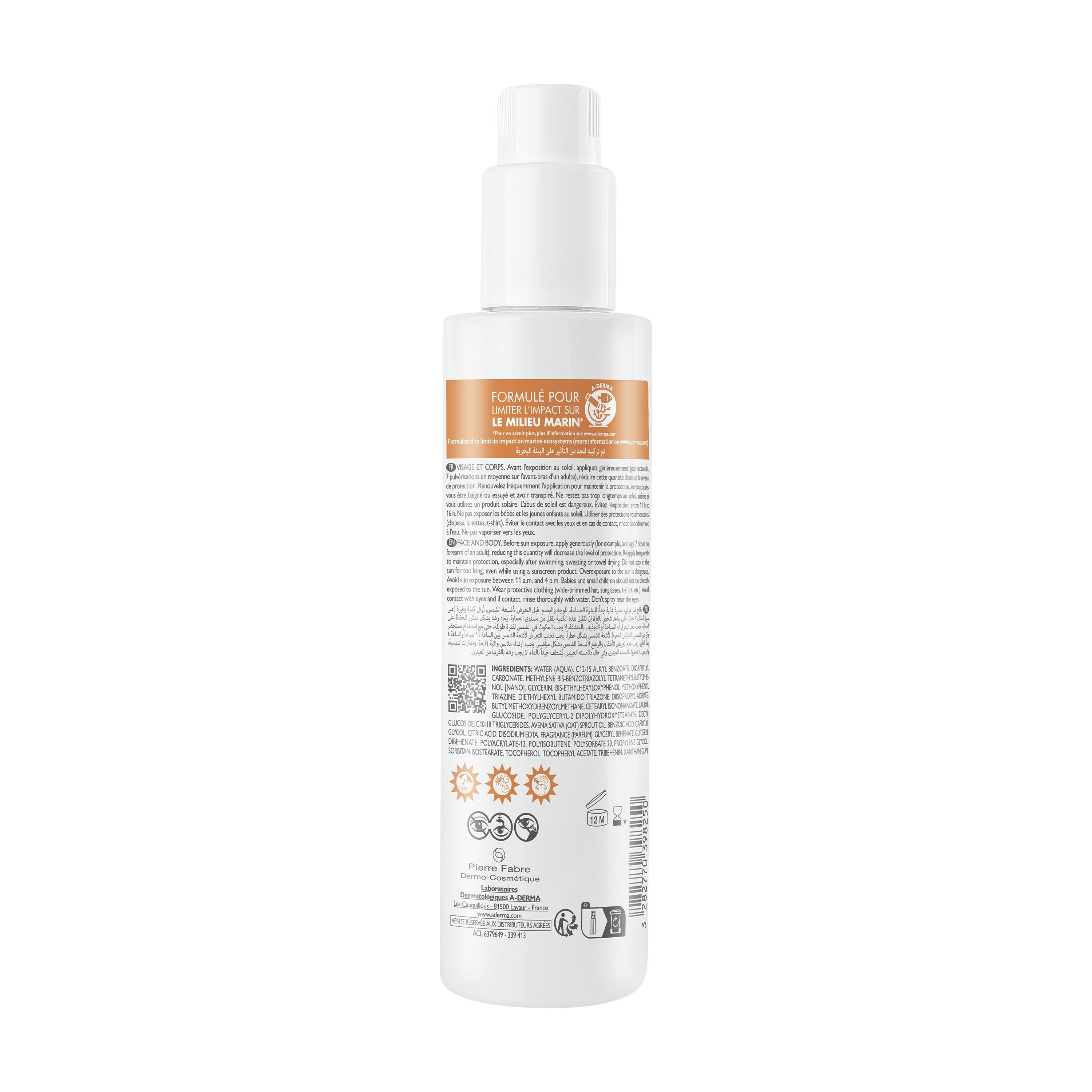 Rückseite der A-Derma Spray solaire invisible SPF50+ Flasche. Text in mehreren Sprachen. Orangefarbener Aufkleber mit Text.