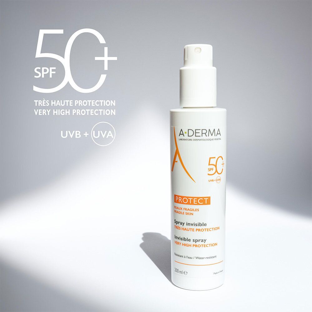 A-Derma Spray solaire invisible SPF50+ Flasche. Weiß, mit Sprühkopf. Orangefarbene Schrift: PROTECT, Spray invisible. 200ml.