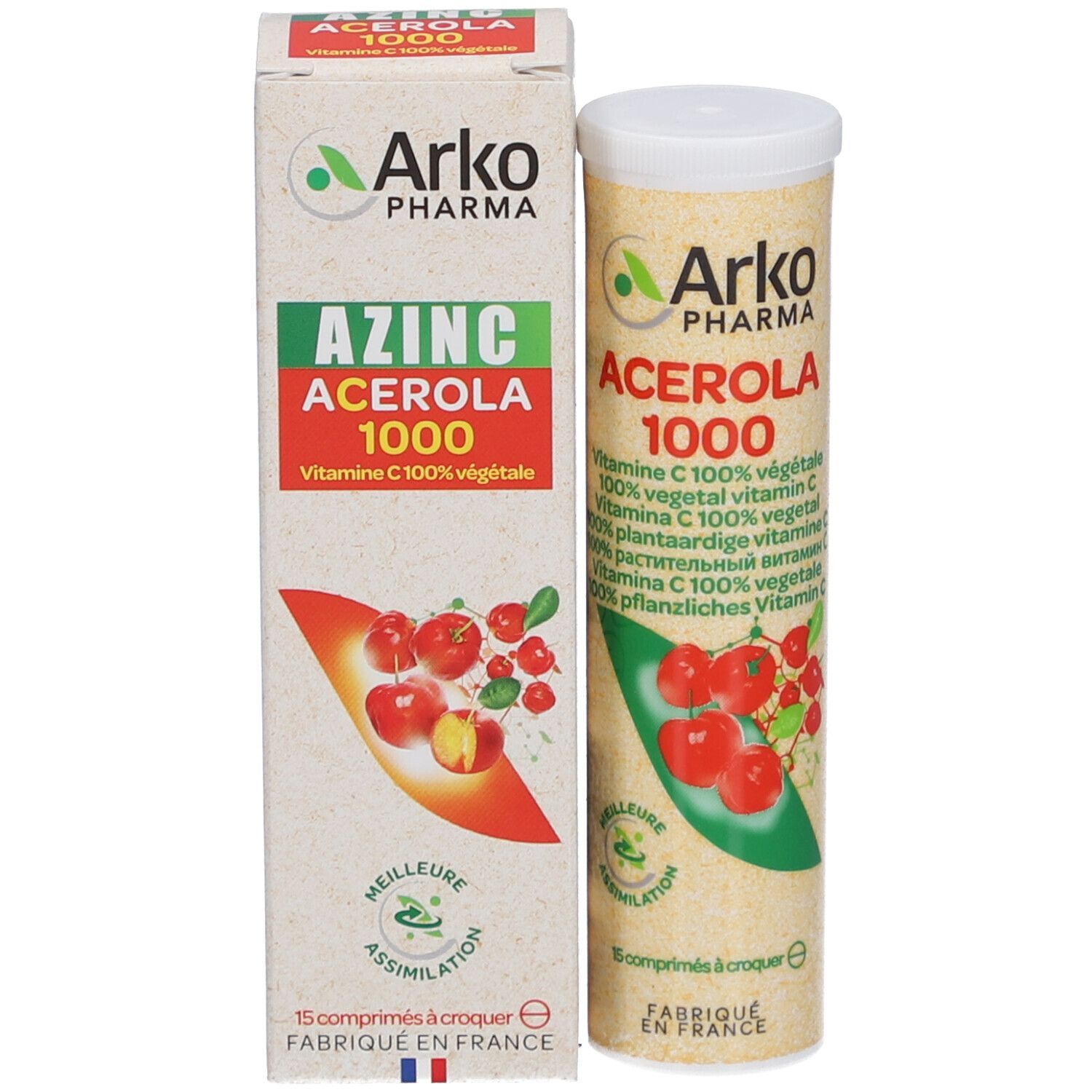 Produktverpackung: Schachtel und Dose. Aufschrift: Arko Pharma Azinc Acerola 1000. Abbildung von Kirschen. 15 Tabletten.