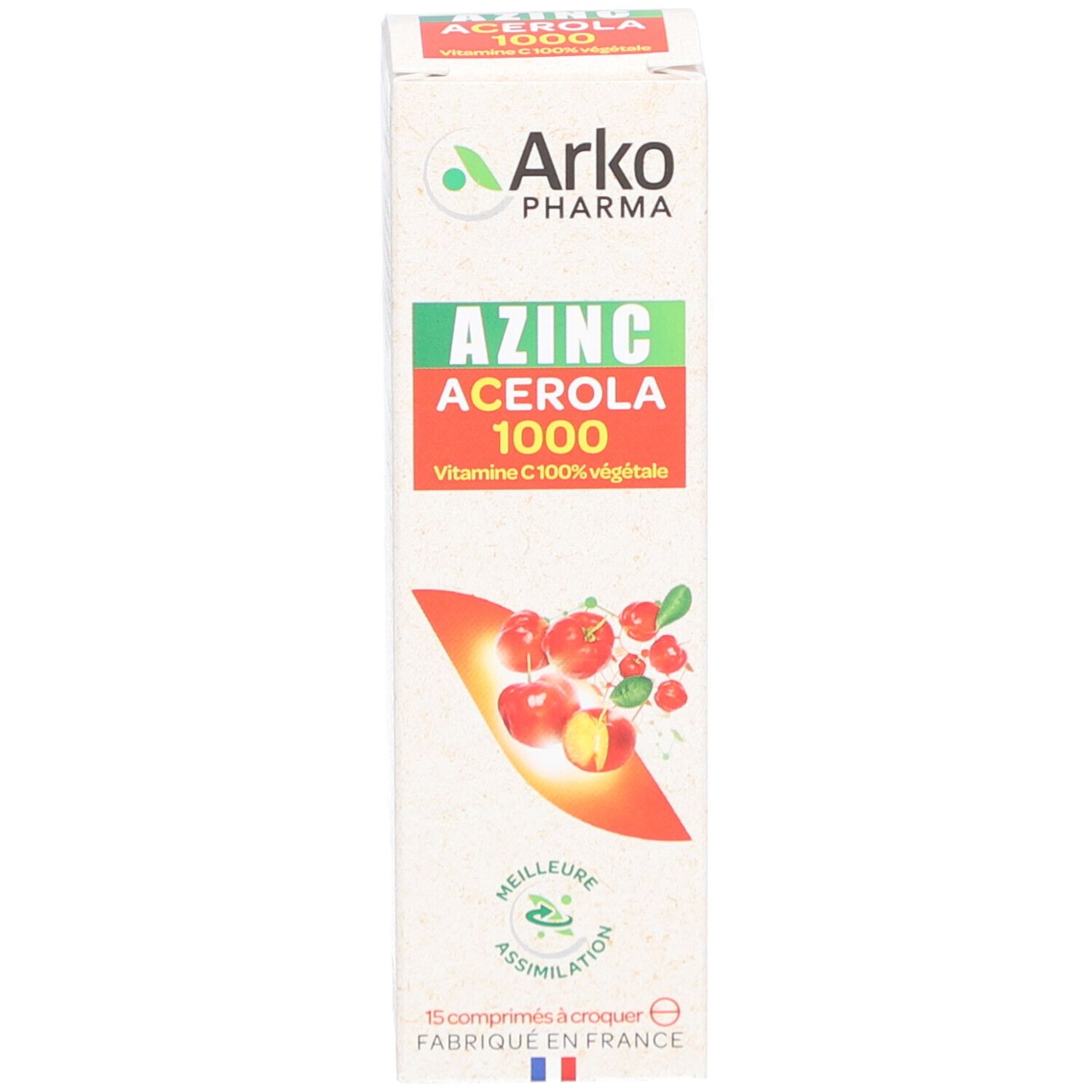 Produktverpackung: Schachtel. Aufschrift: Arko Pharma Azinc Acerola 1000. Abbildung von Kirschen. 15 Tabletten.