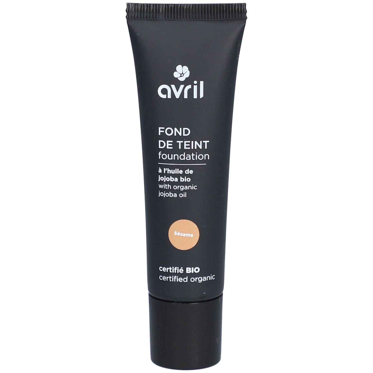 Tube noir Avril, fond de teint Sesam. Texte: Fond de Teint, à l'huile de jojoba bio. Certifié BIO.