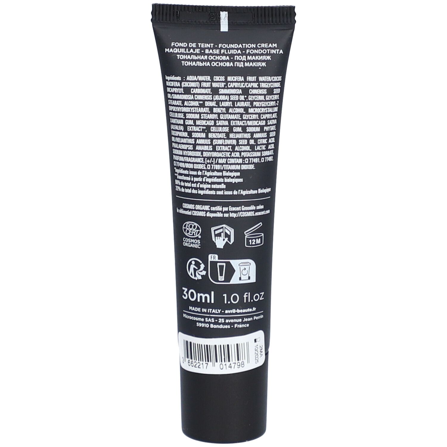 Dos du tube noir. Ingrédients, 30ml, 1.0 fl.oz. Certification BIO. Symbole 12M.